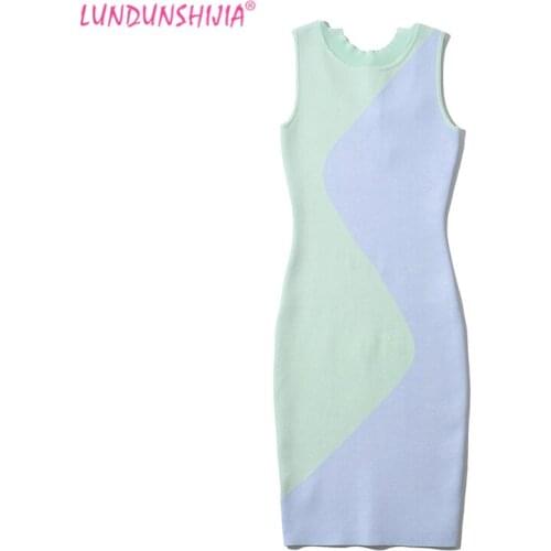 LUNDUNSHIJIA 2021 Summer High Quality O-Neck Sleeveless Slim Dress Sexy Pachwork Colors Knitting Tight Buttocks Dresses Vestidos