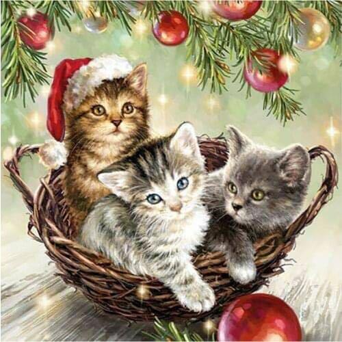 5D Three little kittens Diamond Painting Christmas Animal Round Full Drill Cartoon Diamond DIY Mosaic Embroidery Cross Stitch