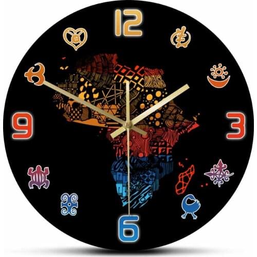Africa Colored Continent Map Silent Non Ticking Wall Clock For Bedroom Adinkra Symbols Gye Nyame African Home Décor Wall Watch