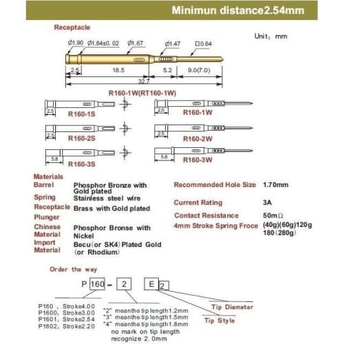 FREE SHIPPING 100PCS/LOT R160-2W 32.7MM SPRING TEST PROBE RECEPTACLE