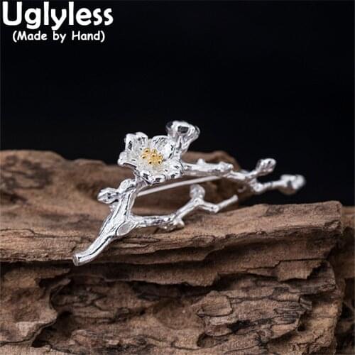 Uglyless Classic Eastern Charming Plum Flowers Brooches for Women Real 925 Silver Floral Jewelry Ethnic Retro Dress Pins Brooch