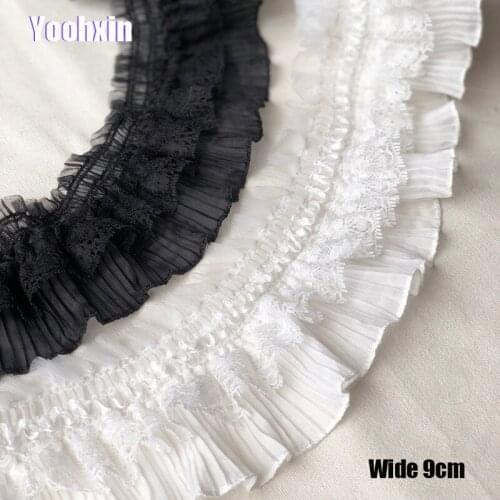 9cm Wide HOT white black elastic lace fabric trim ribbon collar DIY sewing applique Flower embroidered guipure Wedding decor