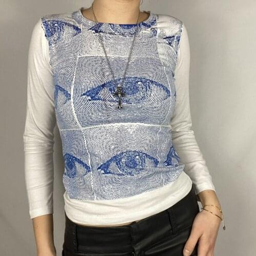 E-girl Harajuku Eyes Print T-shirt Long Sleeve Crop Top Gothic Punk Style T-shirt Streetwear 2021 Y2K Aesthetic Sweats Tess