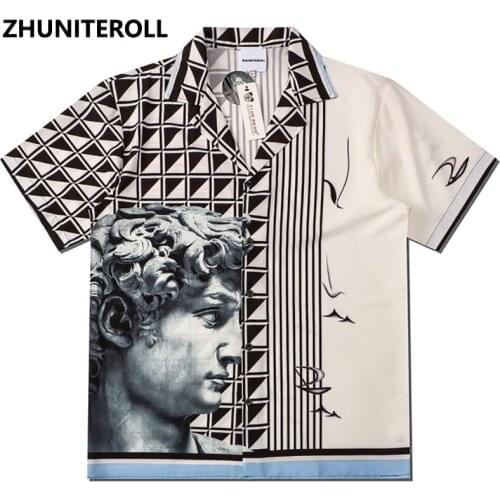 Hip Hop Hawaiian Beach Shirts Statue Graphics Print Button Shirt Mens Fashion Short Sleeve Holiday Party Blouse Tops Techwear