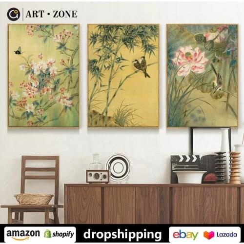ART ZONE Chinese style Plant Flower Birds Ink prints Wall Art Canvas posters Artwork living room Bedroom Office Decor Unframed