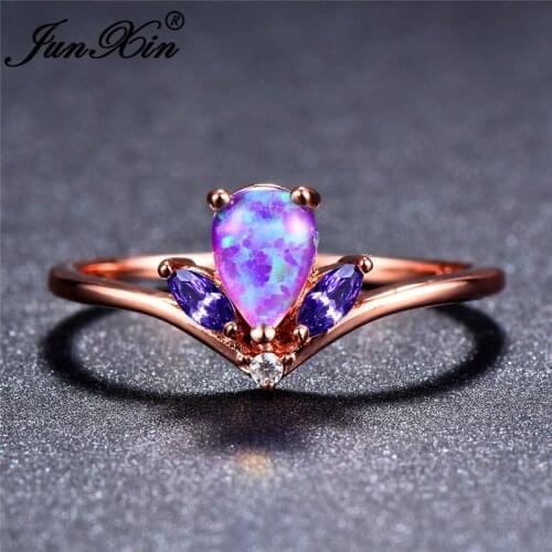 JUNXIN Chic Purple/Blue/White Fire Opal Rings For Women Teardrop Rainbow Stone Red Zircon Birthstone Crown Ring Designer Jewelry