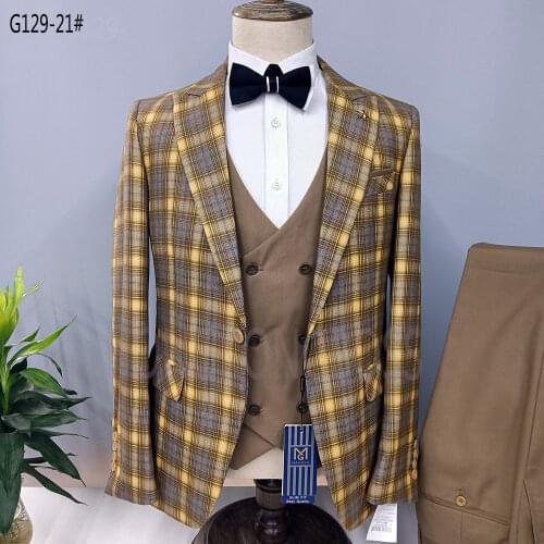 Suit Coat Pants Vest 3 Pcs Set / 2021 Fashion Mens Casual Boutique Business Wedding Groom Plaid Dress Blazers Jacket Trousers
