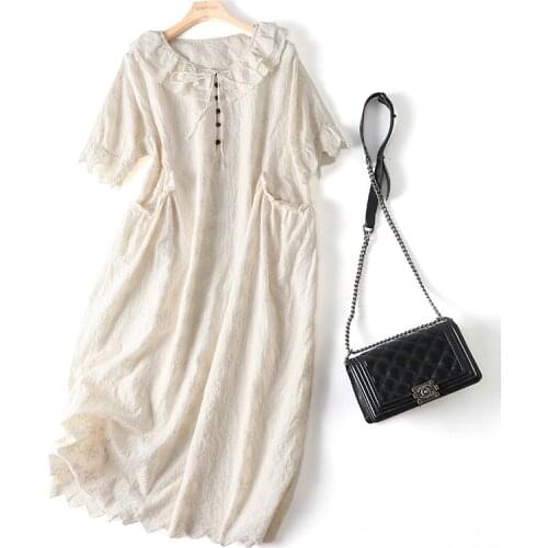 Lamtrip Retro Floral Embroidery Short Sleeve Peter Pan Collar Cotton Dress 2021 Autumn Robe