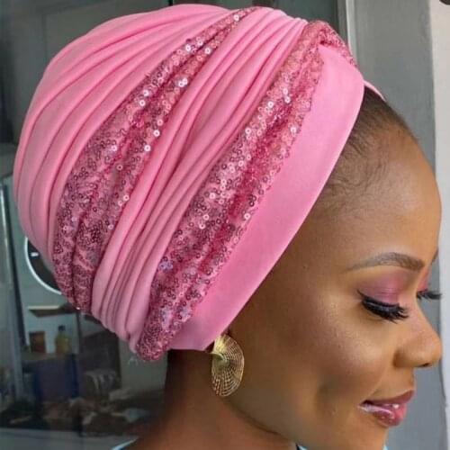 Summer Muslim Headscarf Bonnet Glitter Sequins Hijab Turban Female Head Wraps India Hat Islam Headwear Accessories Chemo Caps