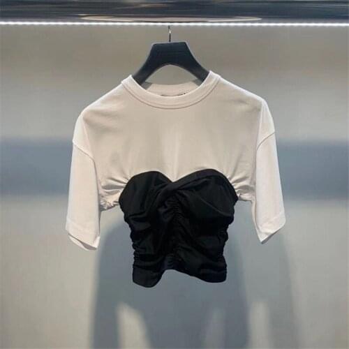 Summer new muslin black and white stitching short-sleeved T-shirt 2021 womens round neck contrast color irregular wrinkle top A