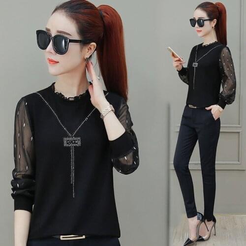 Mech Patchwork O-Neck Blouses Shirts Long Sleeve Lady Casual Blusas Tops Women Spring Summer Style