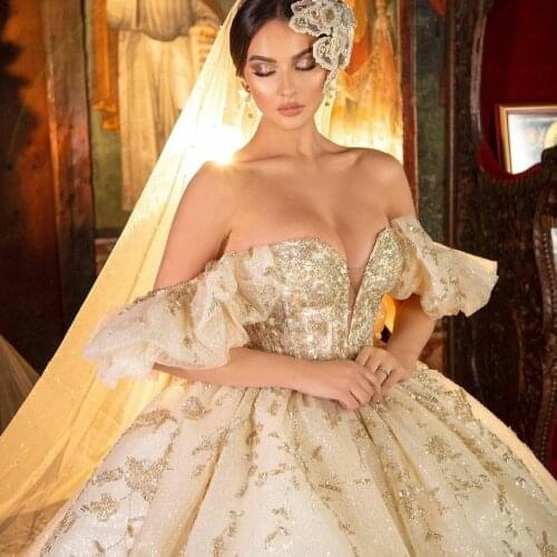 Sweetheart Champagne Ball Gown Wedding Dresses Bling Bling Sequins Plus Size Bridal Gowns Off the Shoulder Lace vestido de novia