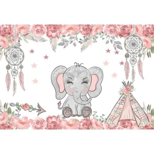 Cute Elephant and Pink Rose Baby Shower Backdrop White Photography Background Celebration Photo Booth Studio Decor