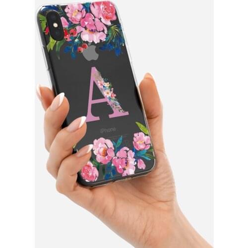 Custom Floral Pink Initials Alphabet Clear Phone Case Cover For iPhone XS Max X XR 11 Pro Max 8 8Plus X 7 7Plus Soft Silicone