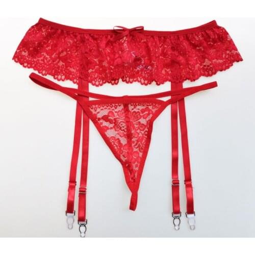 Red Floral Bow Lace Metal Buckles Women Garters Tong 2pcs Set Sexy Garter Belt for Stockings Lingerie Underwear GA1508
