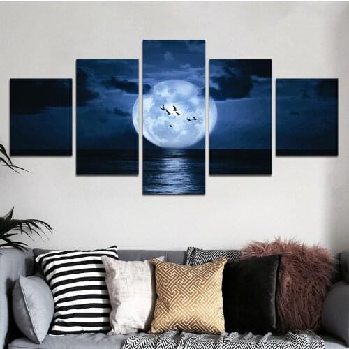 5 Piece Wall Art Canvas Painting Full Moon Over The Horizon Halloween Poster Modular Decorative Framework Modern LIving Room