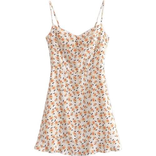 New ladies pastoral style fashion floral print dress ruffled straps brace dress