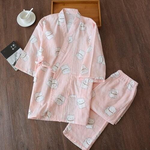 Spring new womens Japanese money cat kimono pyjamas set cotton gauze home clothes bath sweat steaming clothing