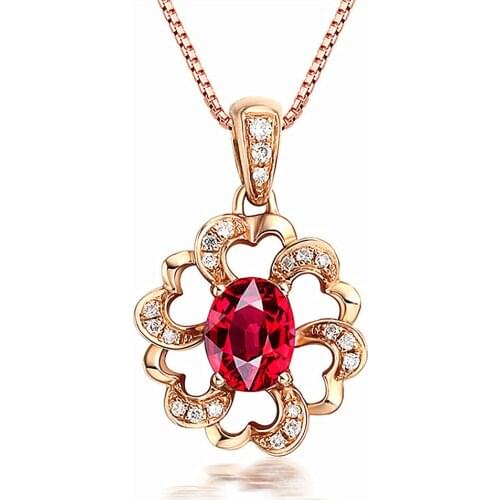 Fashion Flower Heart Red Crystal Ruby Gemstones Diamonds Pendant Necklaces for Women Rose Gold Color Choker Bijoux Jewelry Gifts