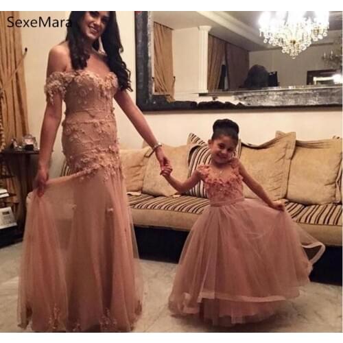 Pink Tulle Girl Pageant Gowns A Line Scoop Ankle Length Mother And Daughter Dress Handmade Flower Girls Birthday Party Gown