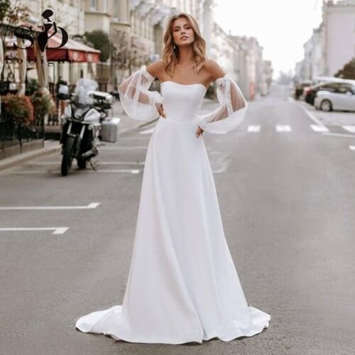 SoDigne Simple Boho Wedding Dresses With Sleeves White Ivory Sweetheart Thick Satin Beach Wedding Gown Bridal Dress Big Size