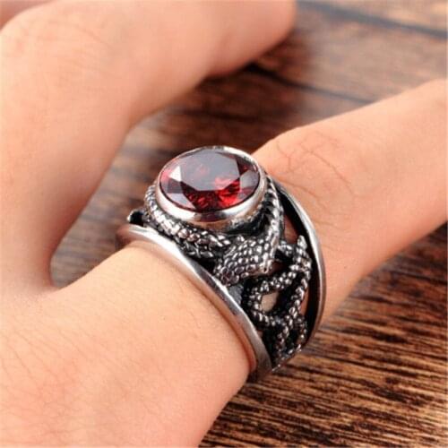 Deep Red Cz Crystal Gem Snake Fashion Mens 316L Stainless Steel Biker Ring Mens Jewelry