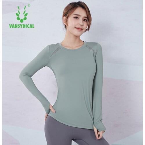 VANSYDICAL Running Shirt Women Finger Hole Long Sleeve Mesh Patchwork Yoga Tops Gym Clothing Fitness Sportwear Workout Shirt
