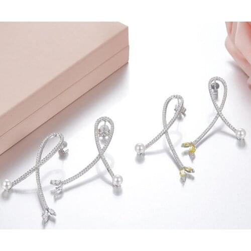 Cross Leaf Earrings in Sterling Silver, Crystal Yellow Zirconia Pearl Leaf, Luxury Wedding Party Accessories for Women