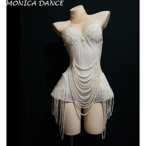 Women Sexy Stage White Pearls Beading Bodysuit Jazz Dance Outfit Evening Stage Show Costume Prom Birthday Bar Women Singer Dress