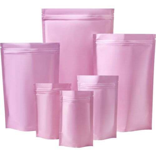 100Pcs Matte Pink Stand Up Aluminum Foil Bag Reusable Zip Lock Tear Notch Coffee Food Nut Recycable Storage Packaging Pouches