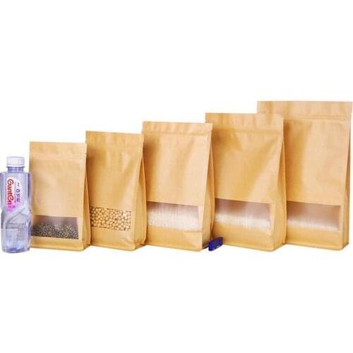 50 Pcs Big Capability Stand-up Kraft Paper Food Packaging Bag with Frosted Window, Pouch for Food Nuts Cookie Candy Baking Tea