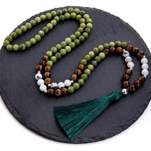8mm Yellow Tiger Eye Howlite Southern Jade Beaded Necklace Meditation Yoga 108 Japa Mala Rosary Tibetan Jewelry Tassel Pendant