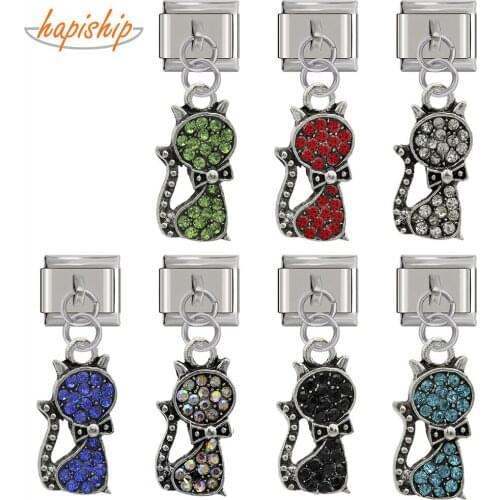 Hapiship New Original Daisy Cute Cat Twinkling CZ Charm Fit 9mm Italian Bracelet Bangle Stainless Steel Jewelry Making DJ185