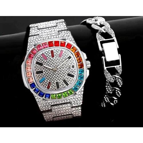 2pcs/Set Cuban Bracelet + Iced Out Watch for Men Quartz Wrist Watches Fashion Luxury Bling Bling Gold Diamond Mens Watch Clock