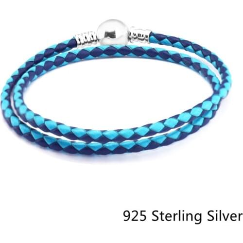 CKK 925 Sterling Silver Mixed Blue Woven Double Leather Bracelets Jewelry Making Fits For Beads And Charms