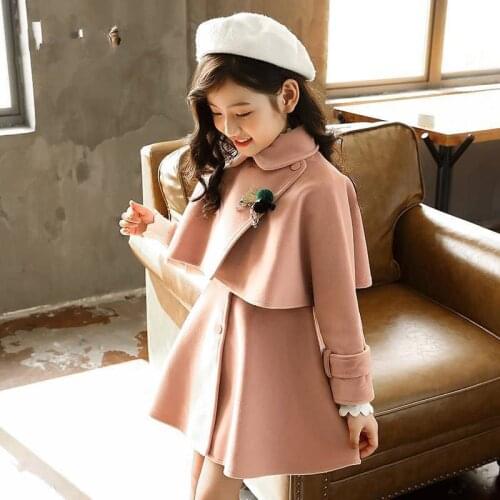 2020 Winter New Kids Girls Cotton Sets Children Girls Long Sleeves Woolen Coat + Ruffle Dress 2PCS Suits Teenage Clothing W158