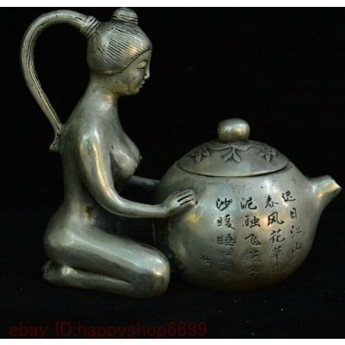 6" Chinese Anceint Rare Silver Beautiful Woman Wine Tea Pot Flagon Teapot Stoup