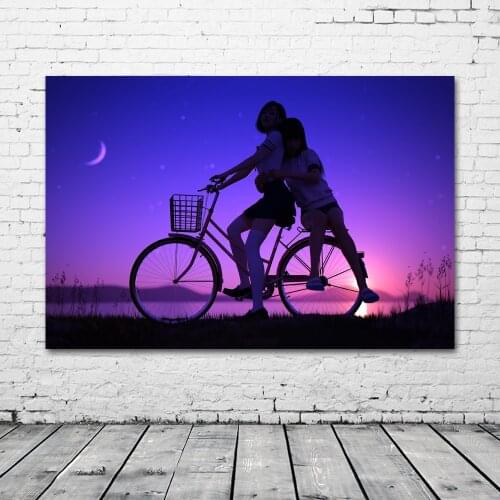 Artistic Paintings Young Girls Bicycle Starry Sky Anime Posters Canvas Wall Art Picture and Prints for Living Room Decor