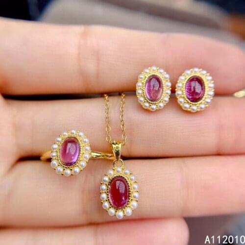 KJJEAXCMY Fine Jewelry 925 sterling silver inlaid natural garnet ring pendant earring set noble supports test hot selling