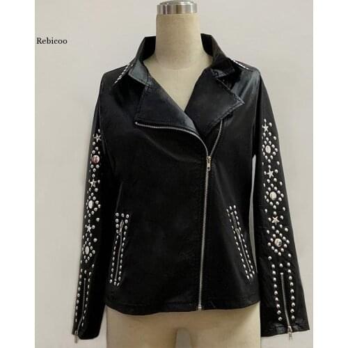 Fashion Womens Studded Leather Jacket Solid Lapel Zip Fake Leather Ladies Long Sleeve Coat Studs Short Irregular Outerwear