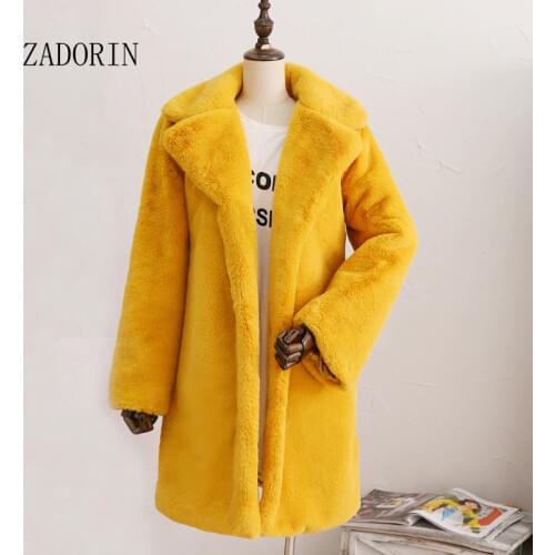 ZADORIN 2020 Long Sleeve Lapel Furry Faux Rabbit Fur Coat Winter Thick Warm Pink Black Fur Coats Female Plush Jacket Plus Size
