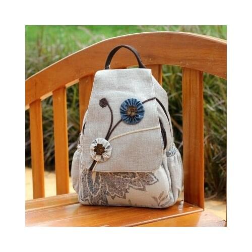 Fashion national string appliques women shopping backpack!New floral prints lady Zipper&hasp backrack All-match canvas backruck