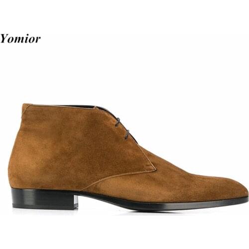 Yomior New Genuine Leather Pointed Toe Men Shoes Cow Suede British Men Ankle Boots Vintage Dress Wedding Chelsea Boots Fashion
