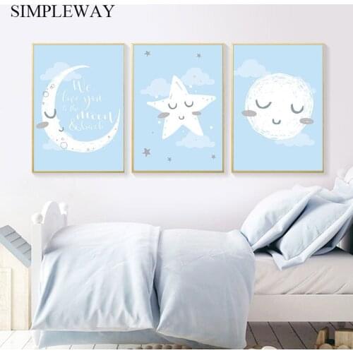 Blue Moon Star Picture Baby Nursery Quotes Wall Art Poster and Print Painting Simplicity Nordic Kid Room Decor Love You to Moon