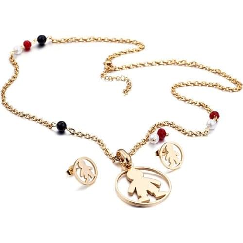 New cute freshwater pearl boy pendant earrings clavicle necklace steel color titanium steel jewelry