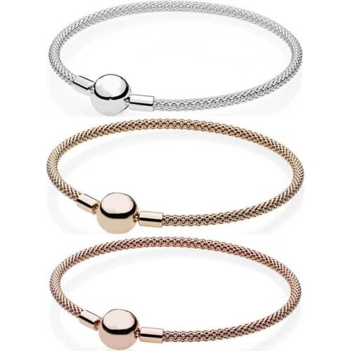 Original Rose Gold & Silver Snake Chain Ball Clasp Mesh Bracelet Fit 925 Sterling Silver Bangle Bead Charm Europe DIY Jewelry