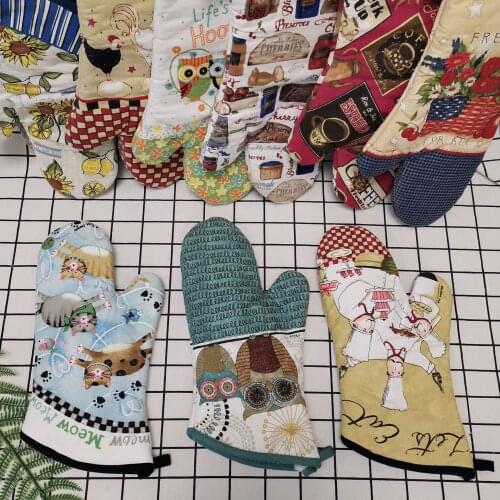 1 Pair Kitchen Microwave Glove Houshold Printing Cotton BBQ Oven Baking Gloves Heat Resistant Kitchen Potholders Oven Mittens
