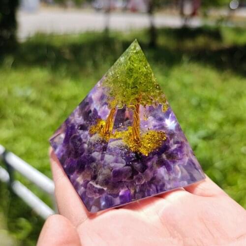 Tree of Life Orgone Pyramid Amethyst Peridot Healing Crystal Energy Orgonite Pyramide EMF Protection Meditation Tool Desk Decor