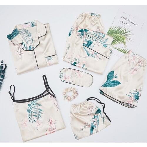 Pink 7 Pieces Womens Pajamas Sets Faux Silk Striped Pyjama Womens Pajamas Sleepwear Sets Spring Summer Homewear