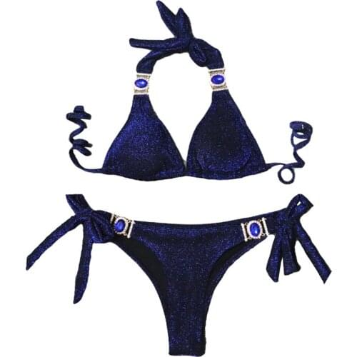 Quanss Glitter Rhinestone String Thong Bikini For Women 2021 New Beach Wear Swimwear Sexy Two Piece Swimsuit Halter Bathing Suit